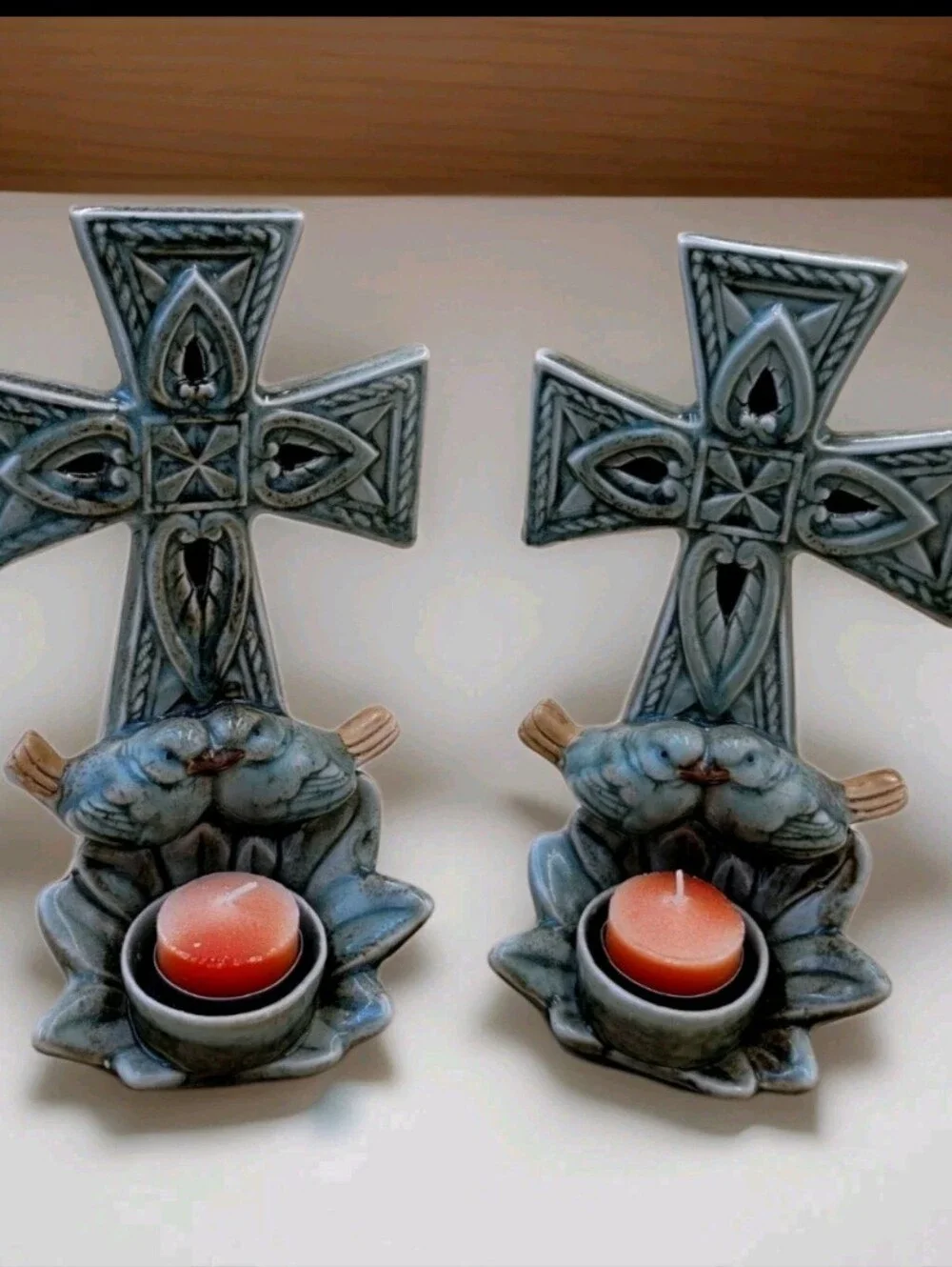 Celtic Cross Ceramic Candle Holder‎ Set of 2 Blue Green Glaze with Birds Decor